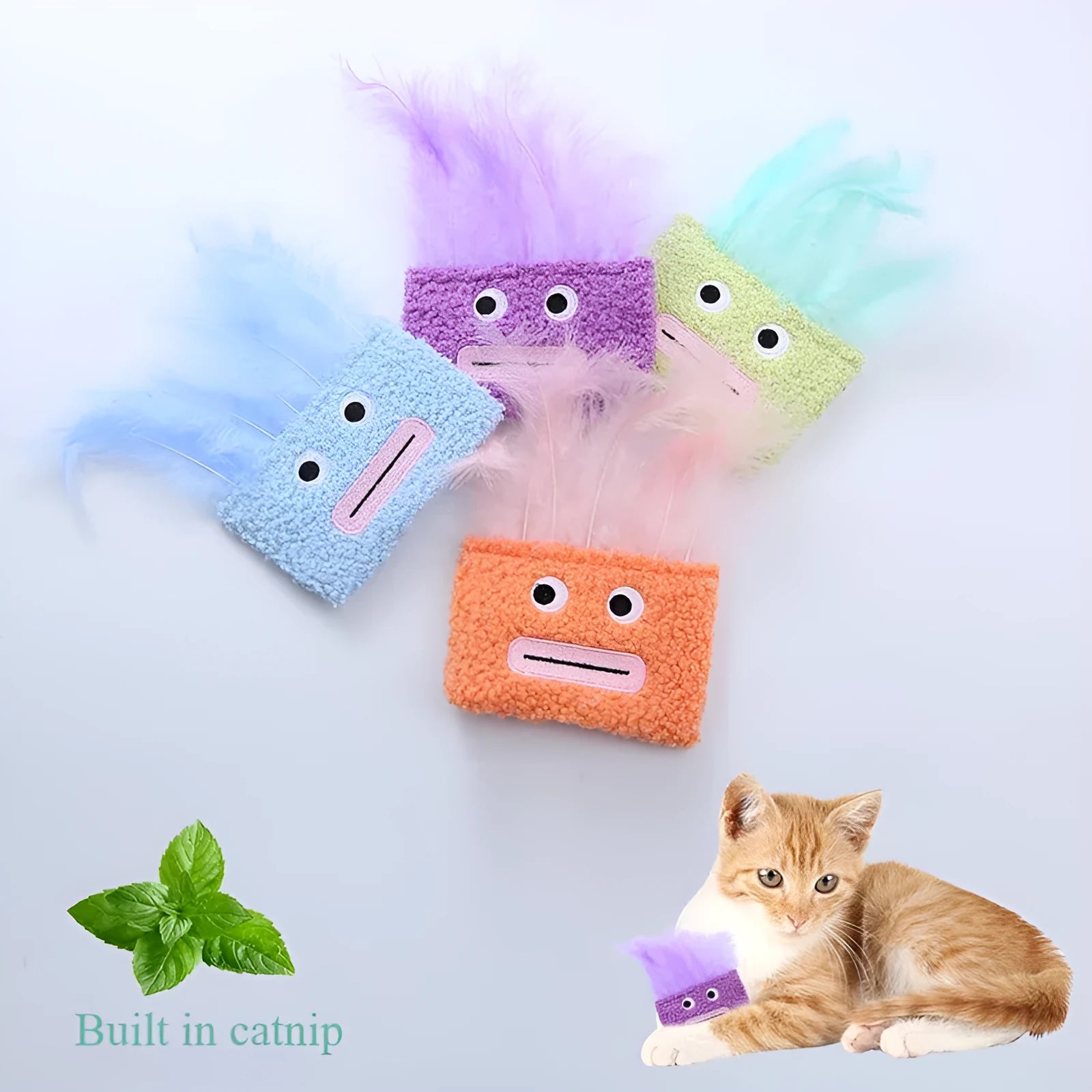 Colourful catnip plush toy shaped like an exploding head with a big open mouth