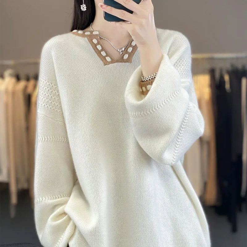 Women's camel V-neck viscose pullover sweater with long sleeves on hanger