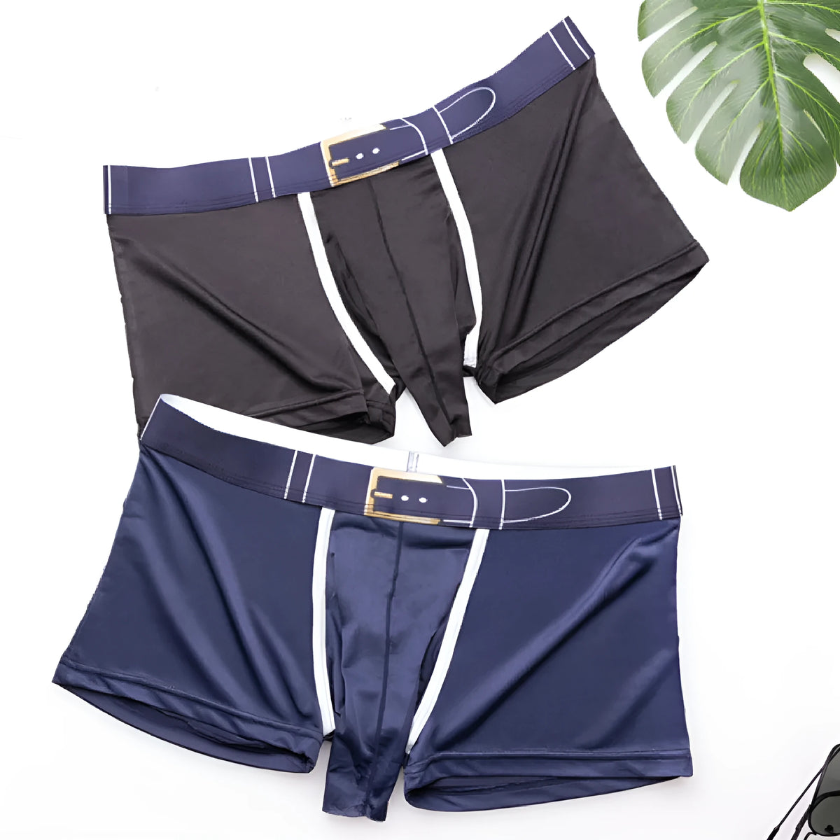 Men's solid colour ice silk boxers showing mid-waist design on a grey background
