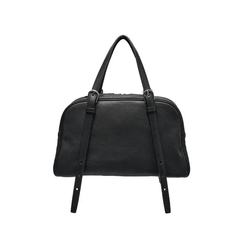 Women's retro style genuine leather shoulder bag with double straps in horizontal square shape