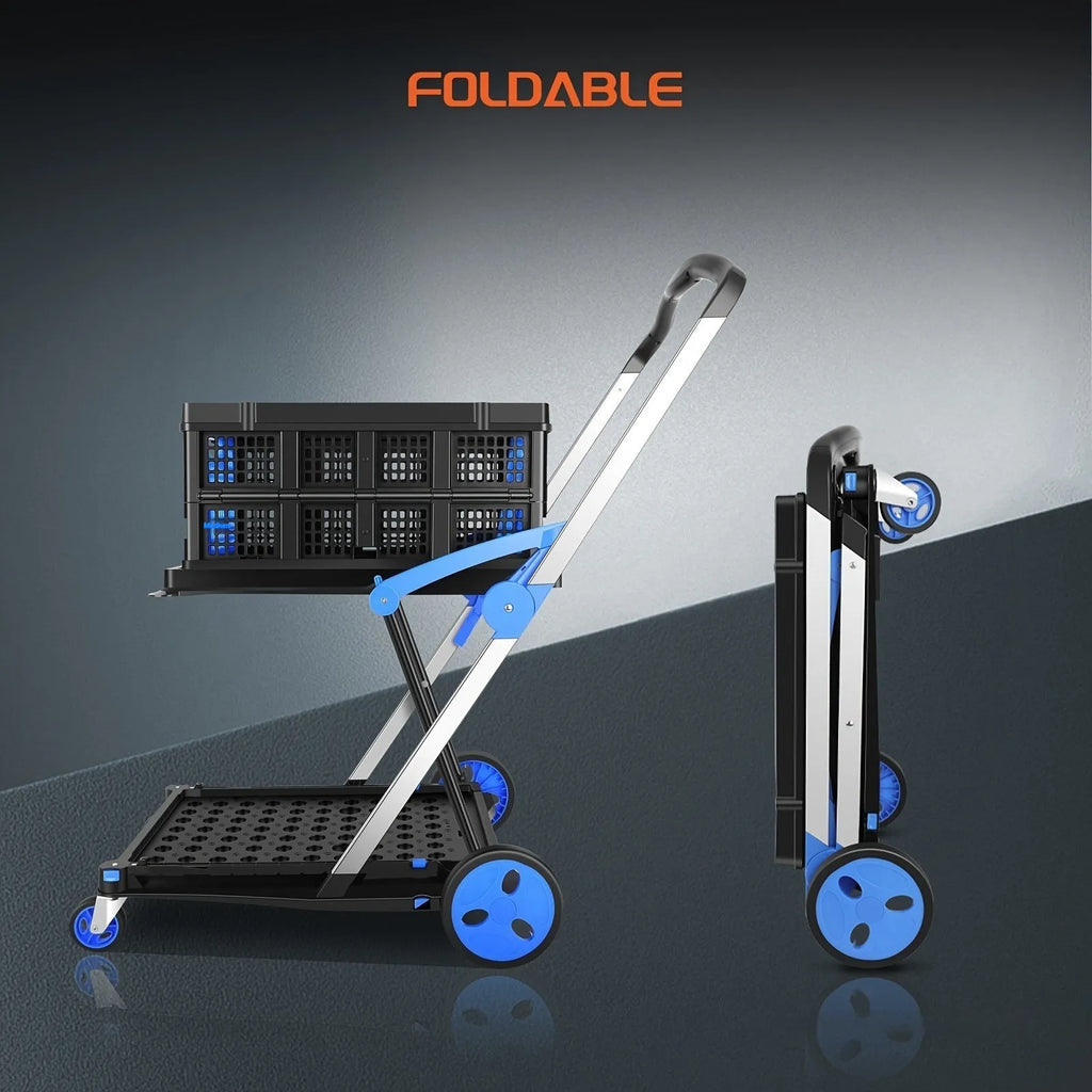 Foldable double basket shopping cart in blue, showing its two-layer design and collapsible frame.