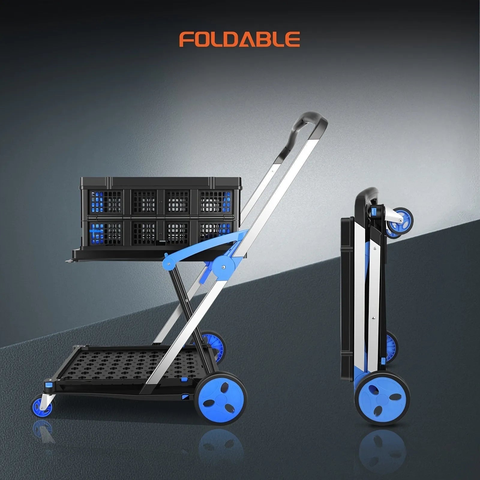 Foldable double basket shopping cart in blue, showing its two-layer design and collapsible frame.