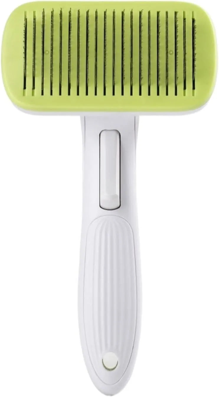 Automatic pet hair removal comb in blue, showing handheld design with comb head.