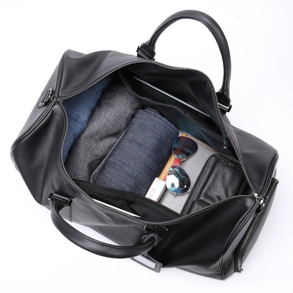Men's black and coffee leather tote bag in 44cm and 55cm sizes with single shoulder strap