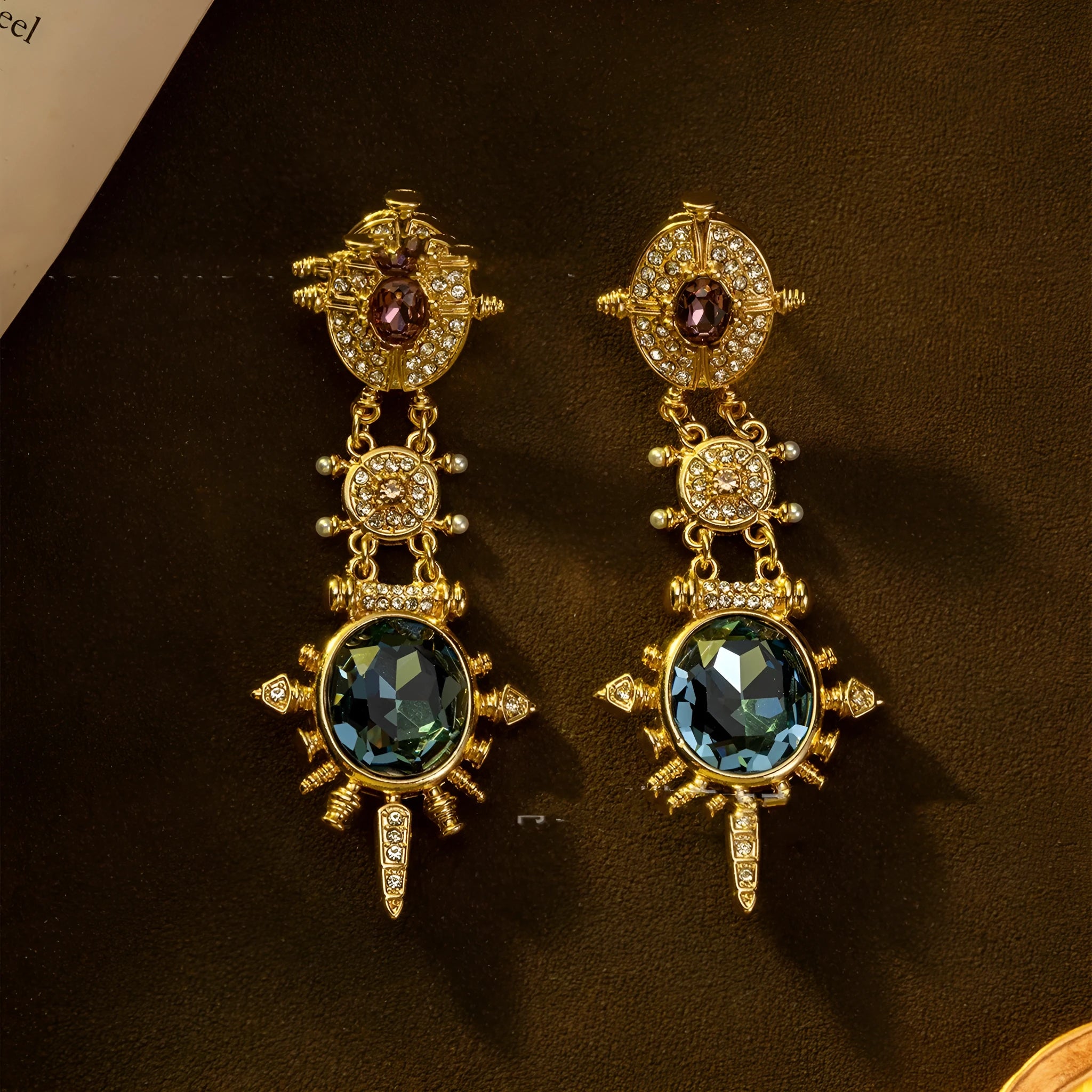 Gold geometry stud earrings with retro styling and diamond treatment surface