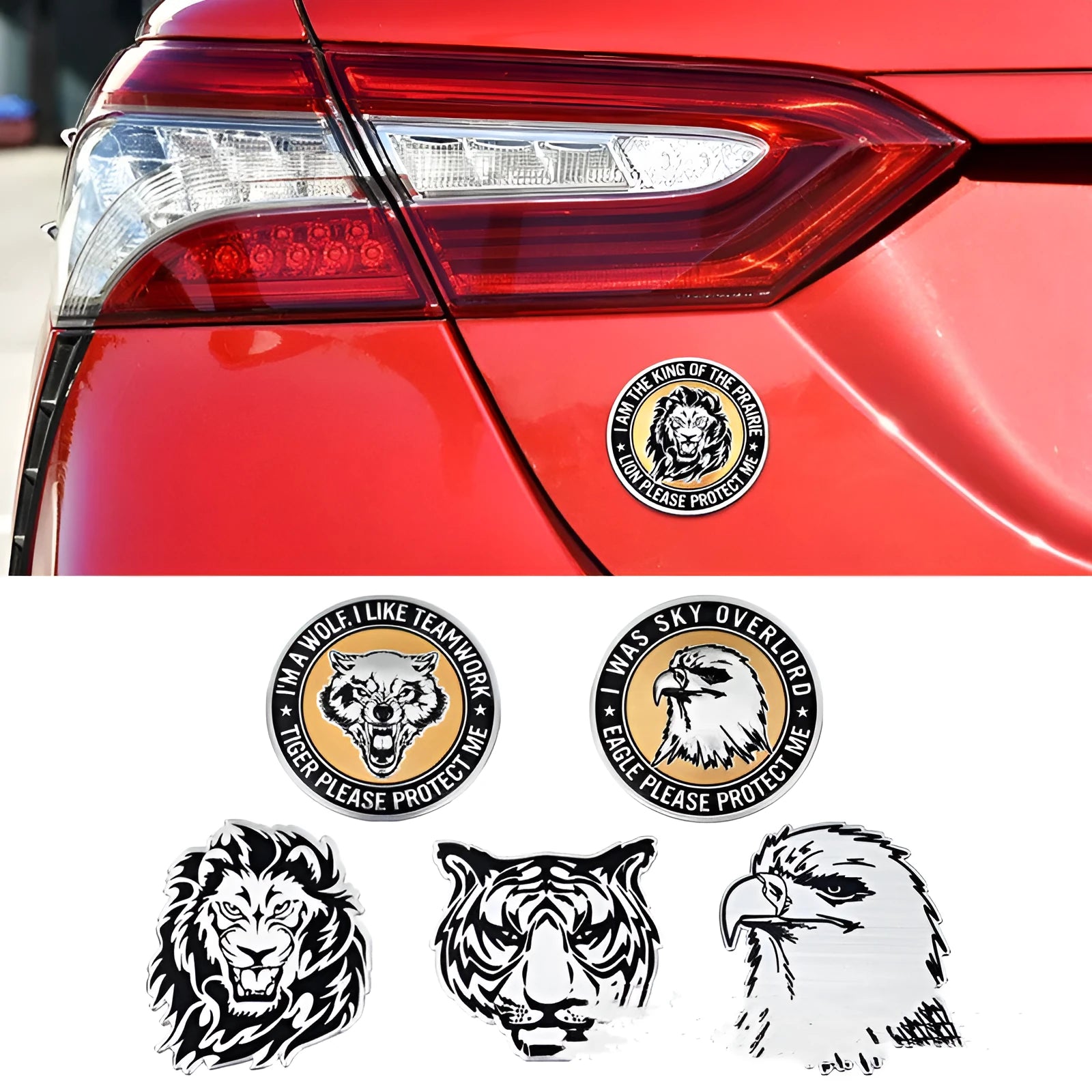 Aluminium car decorative stickers showing eagle, lion, tiger and wolf head designs for vehicle appearance modification