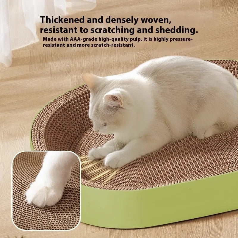 Green oval cat scratch board with built-in nest measuring 55cm in diameter