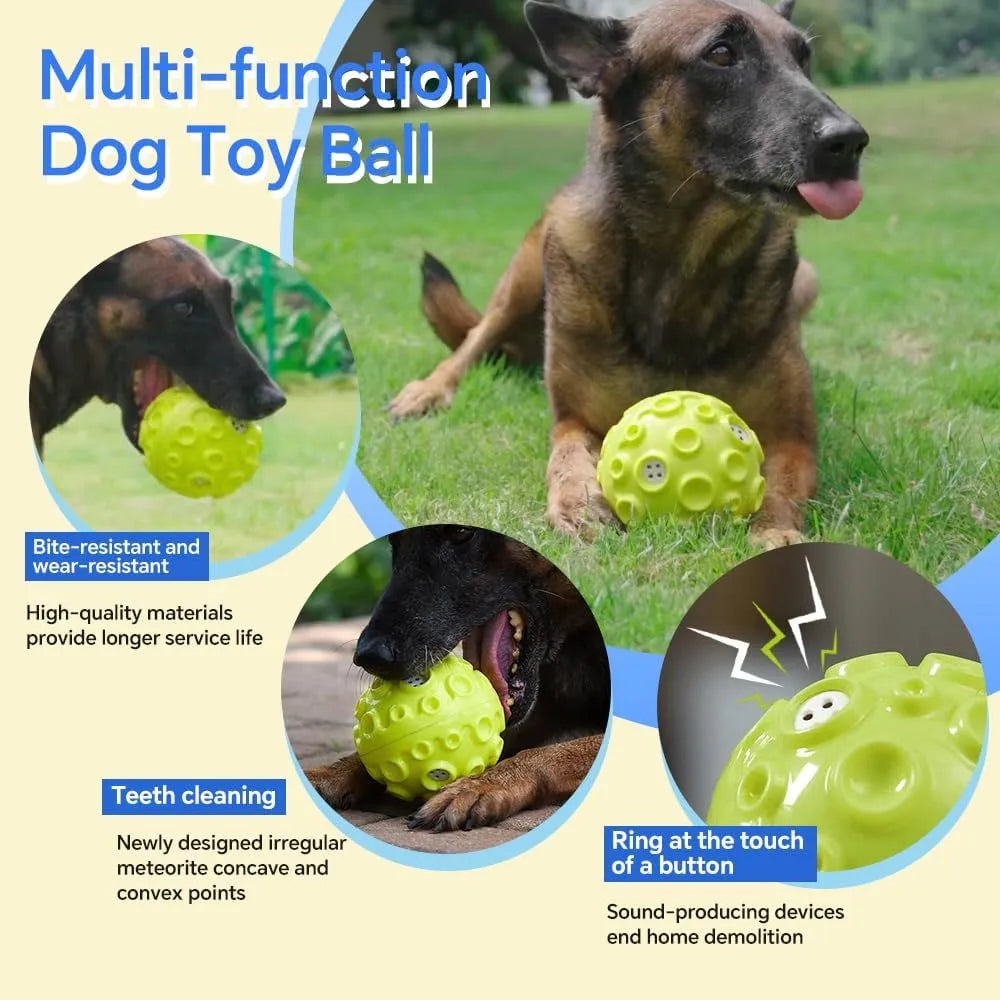 Colourful natural rubber dog chew ball with textured surface and meteorite-shaped bumps