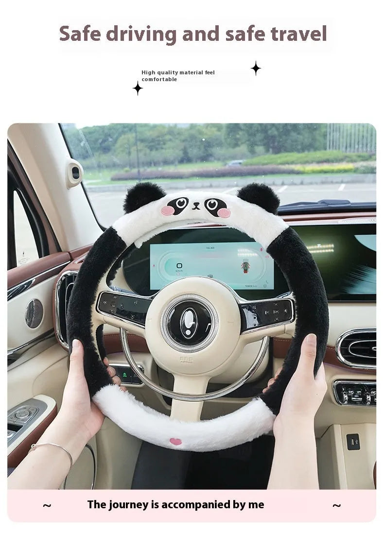 Plush car steering wheel cover with embroidered cartoon animal design for winter driving