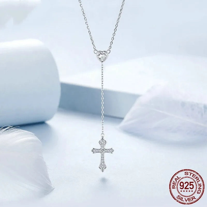 Women's 925 silver V-neck love cross necklace with O-ring chain in BSN384 colour
