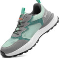 Green low-top work safety shoes with mesh panels and a plastic toe cap on a TPU sole.
