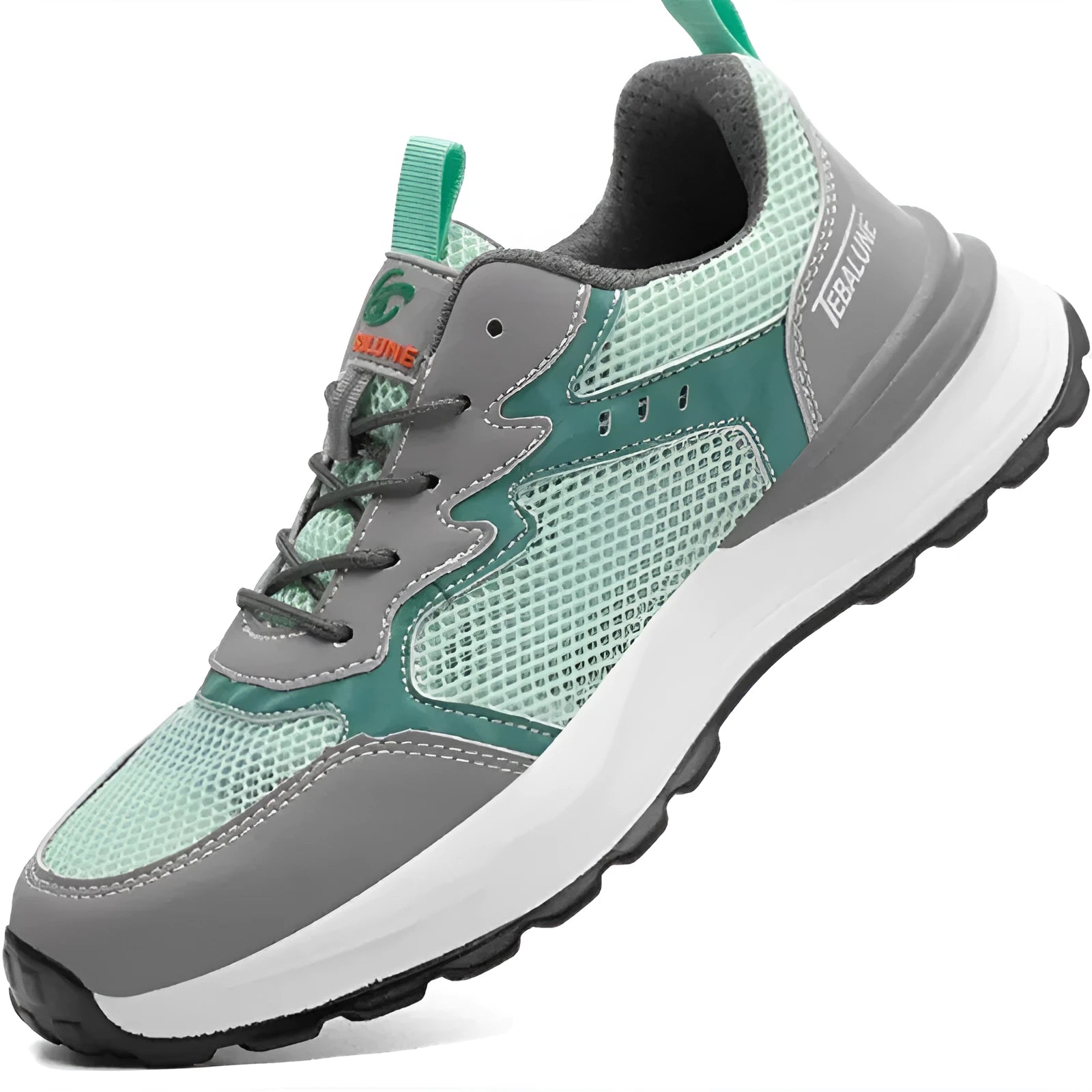 Green low-top work safety shoes with mesh panels and a plastic toe cap on a TPU sole.