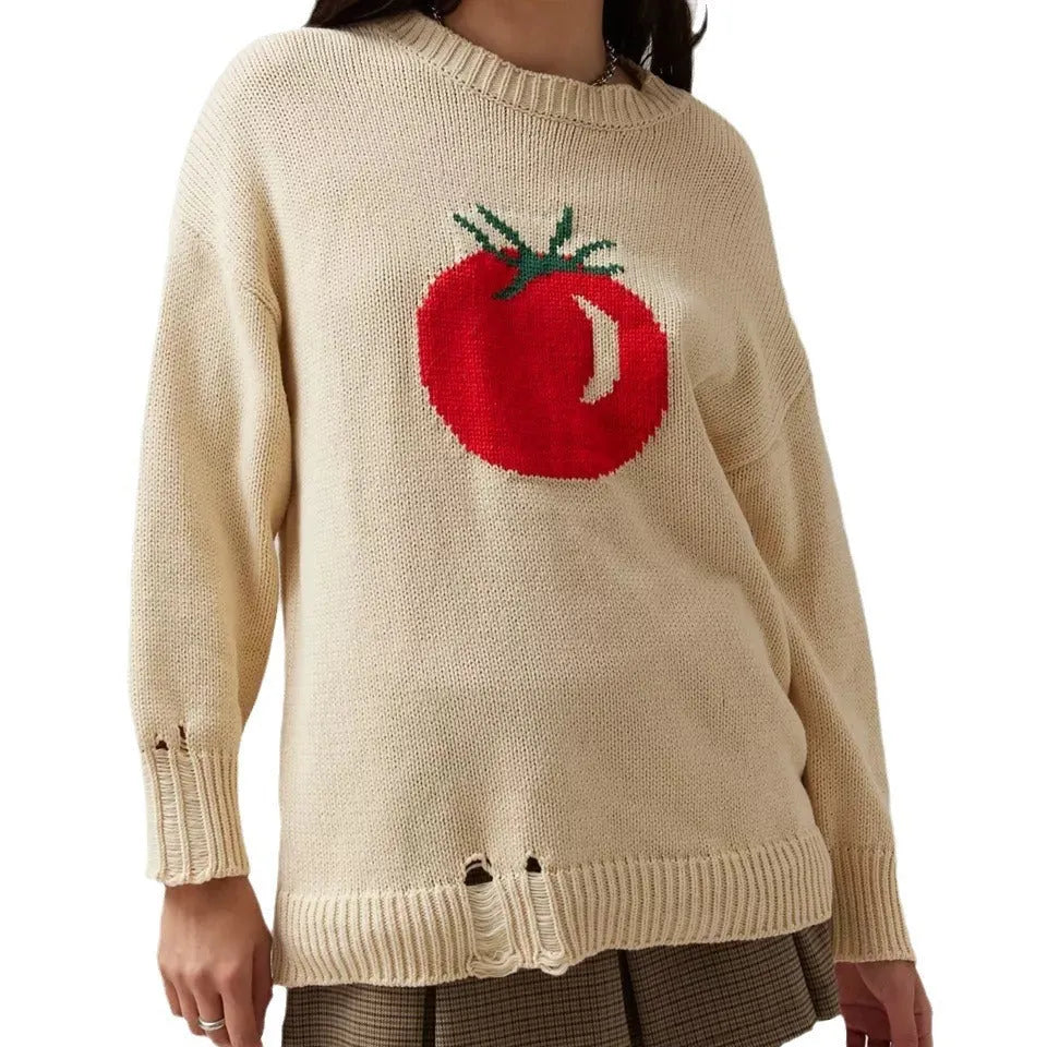 Milky white women's loose-fit pullover sweater with Jacquard knit texture on a hanger.
