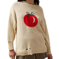 Milky white women's loose-fit pullover sweater with Jacquard knit texture on a hanger.
