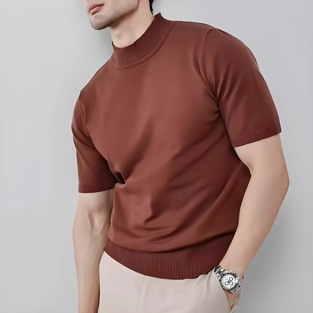 Men's ice silk half turtleneck knitwear pullover, slim fit thin solid colour top in white, black, grey, green and coffee