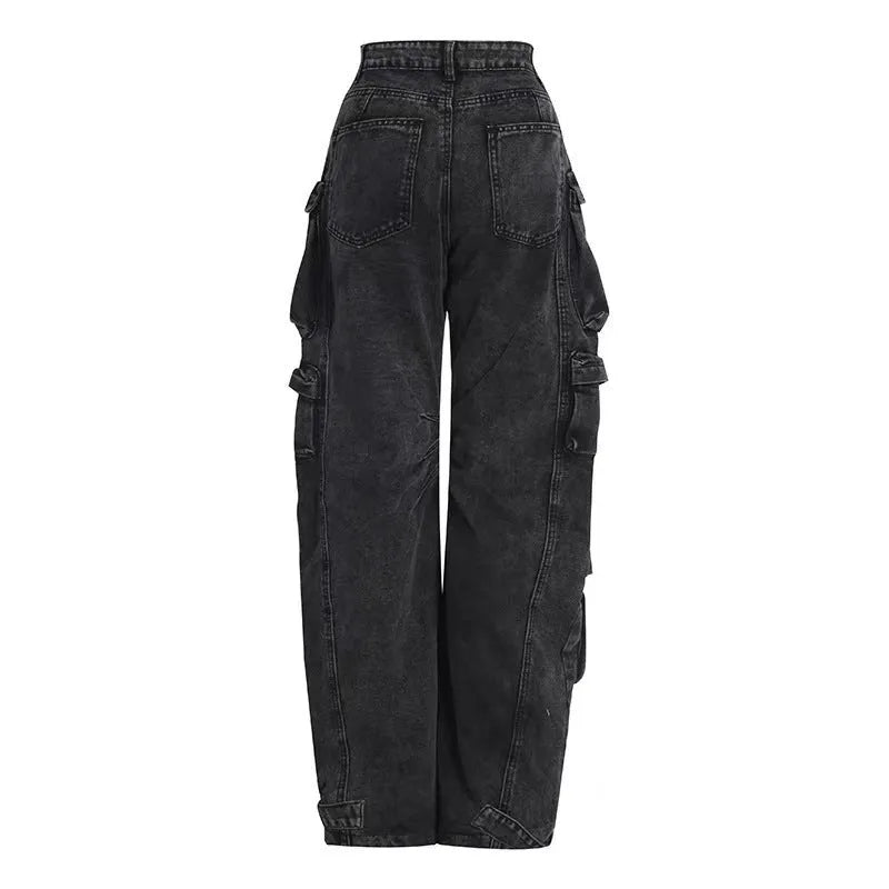 Women's blue high waist wide leg jeans with multiple pockets on a neutral background.