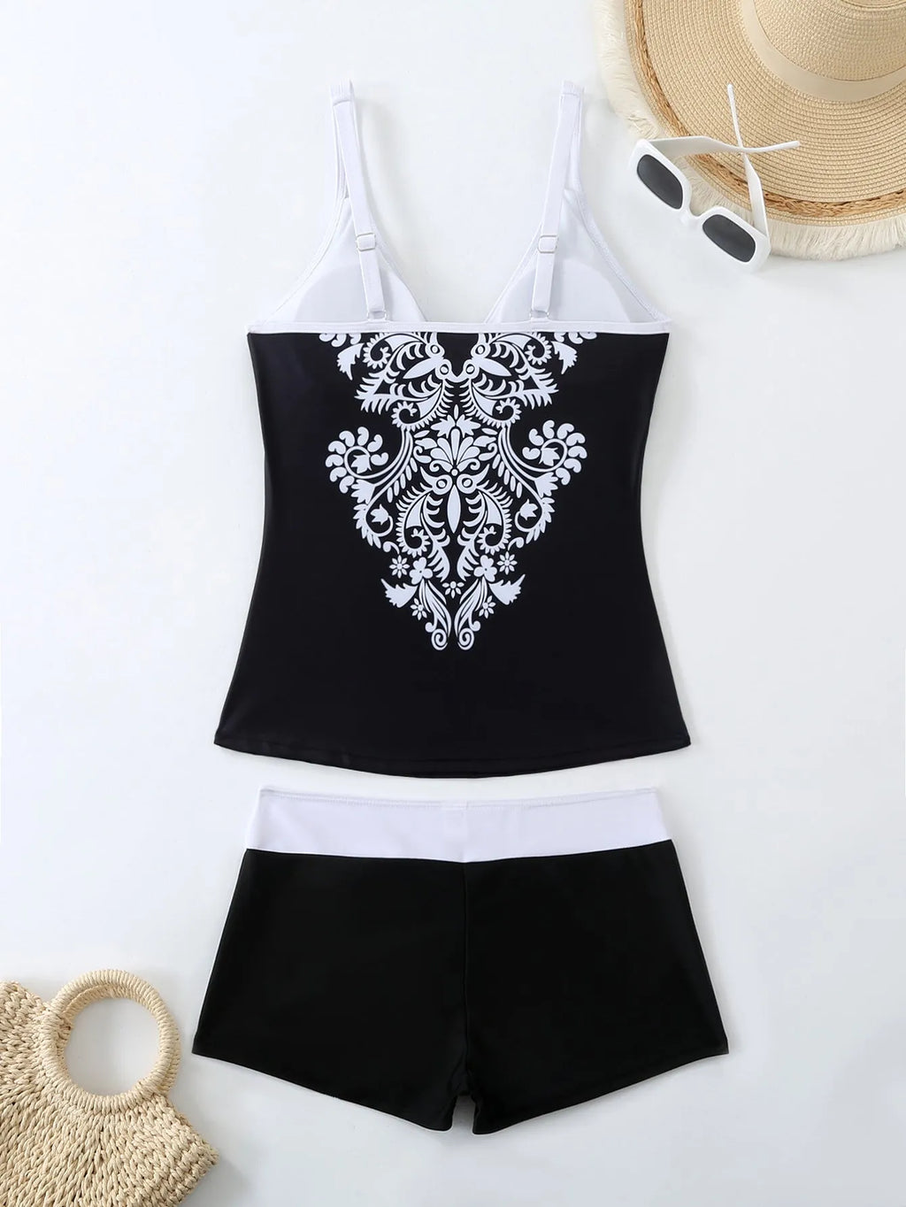Plus size women's printed two-piece swimsuit set in Black or Rose Red with briefs style.