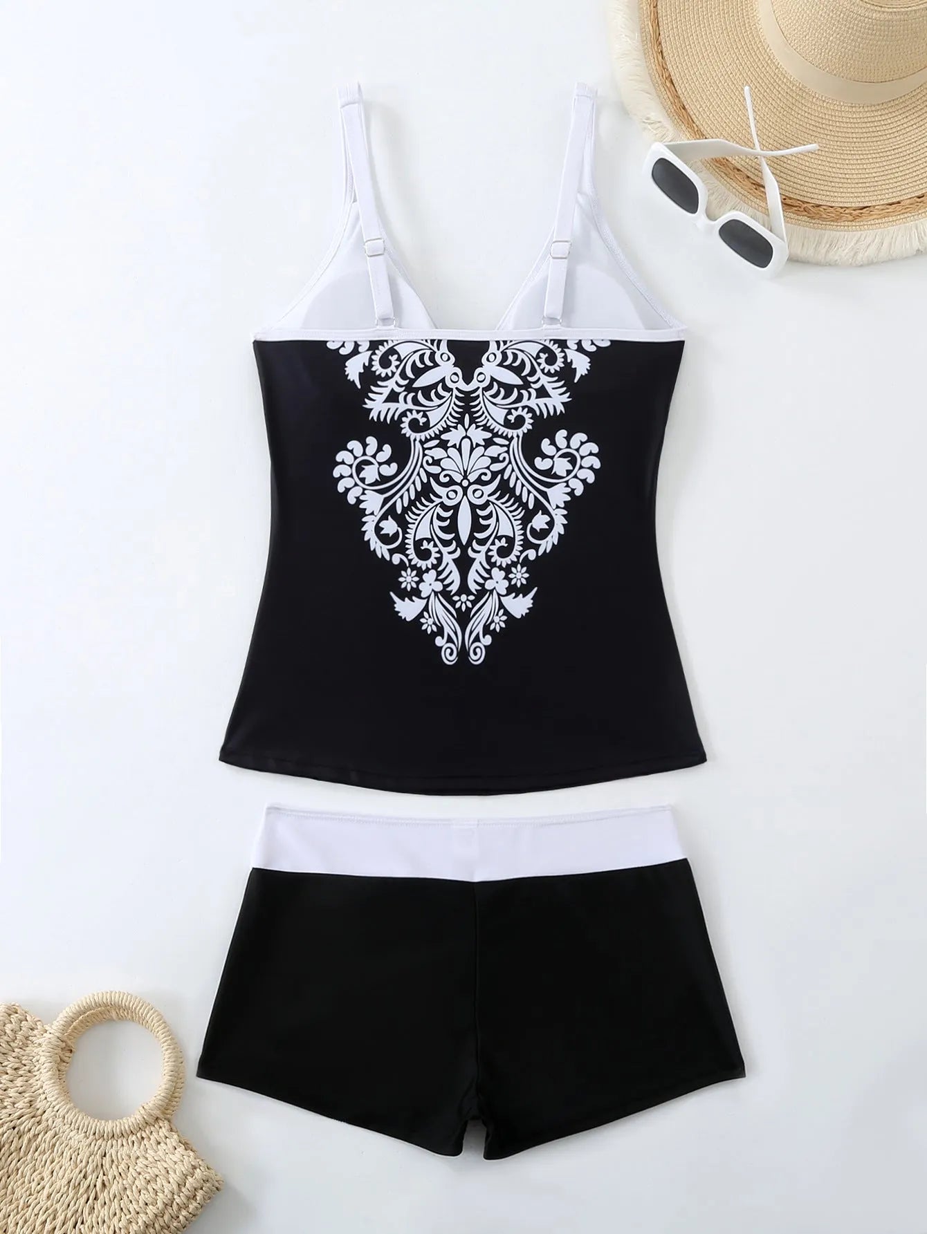 Plus size women's printed two-piece swimsuit set in Black or Rose Red with briefs style.