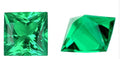 Lab-grown emerald gemstone in Columbia green treasure colour showing round and emerald cut shapes for jewellery making