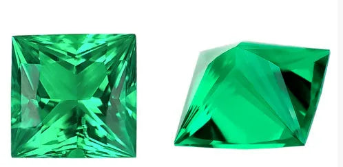 Lab-grown emerald gemstone in Columbia green treasure colour showing round and emerald cut shapes for jewellery making