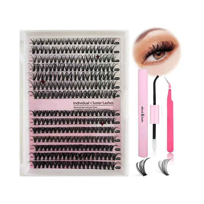 DIY cluster lashes mixed package with 30D and 40D high-grade fibre false eyelashes ranging 9-16mm with tweezers