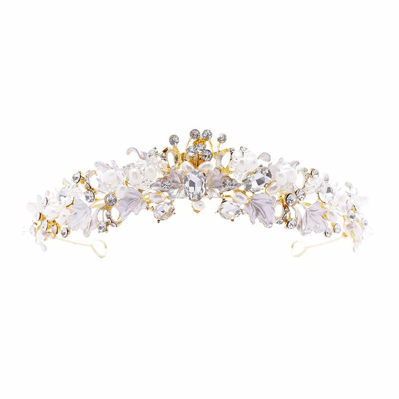 Alloy pearl crown headdress in gold or silver finish for women's hair accessories