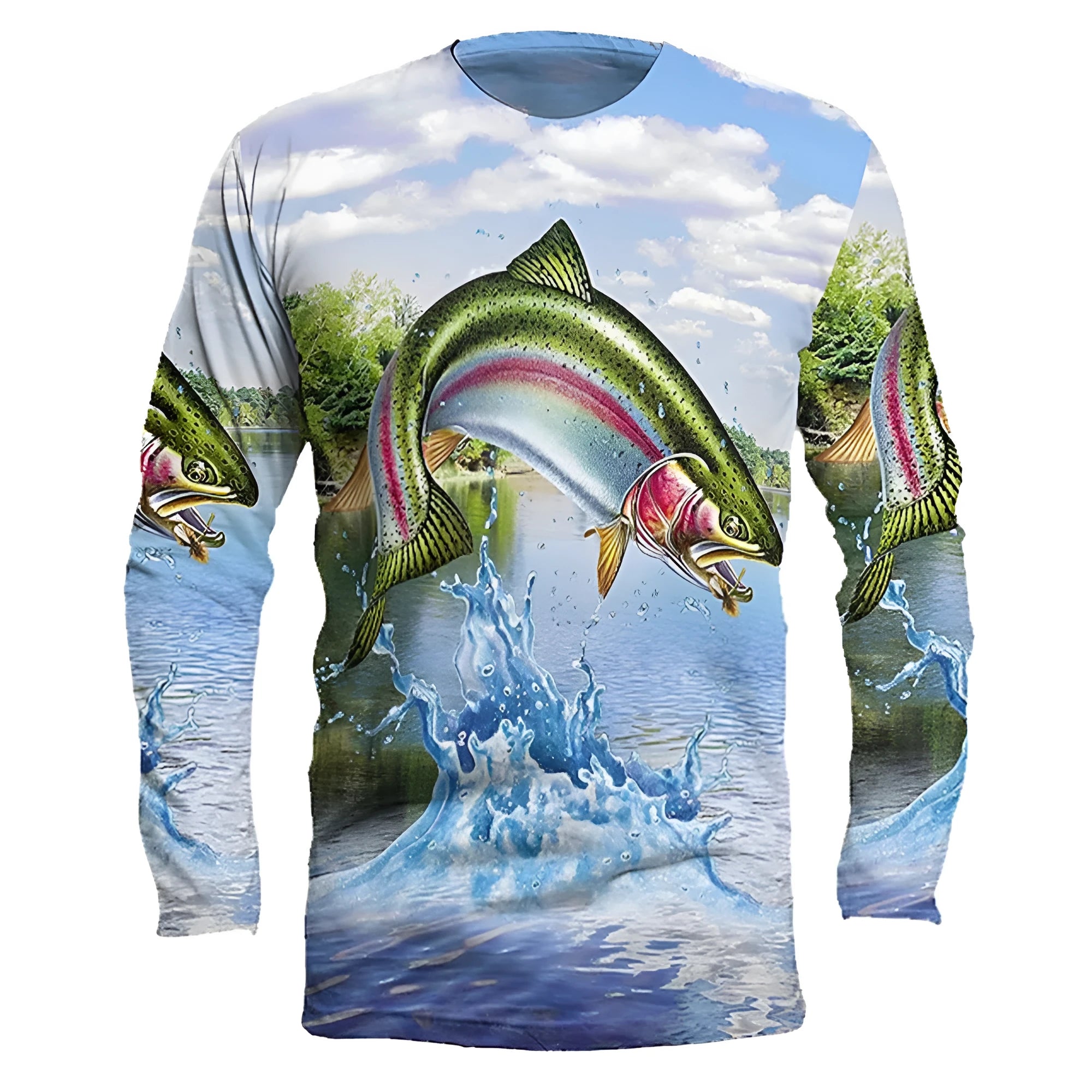 Men's grey milk silk pullover with a blue fish print design on the chest, featuring long sleeves and a round neck.