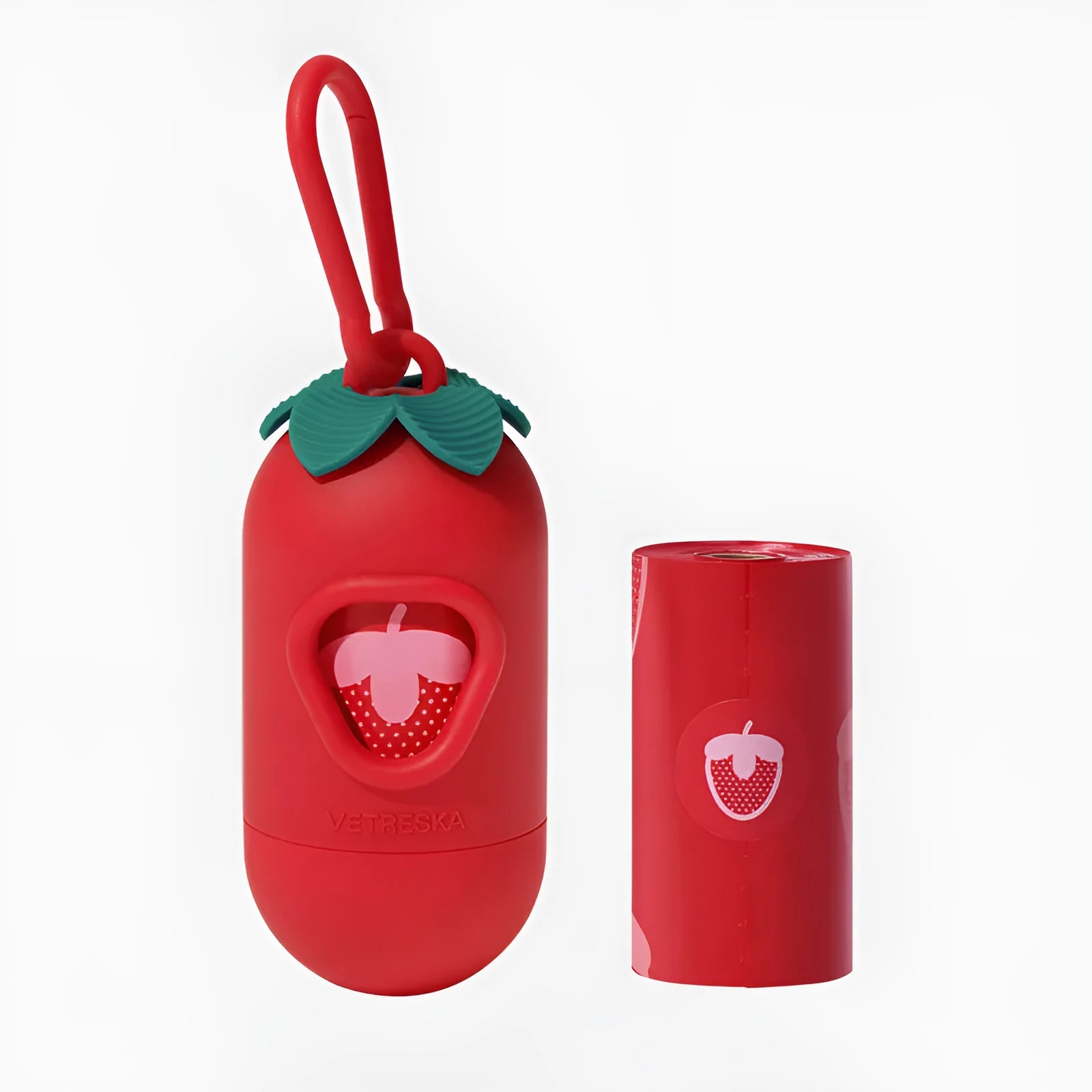 Portable dog poo bag dispenser capsule with scented inner bags in strawberry, orange, or cherry blossom options