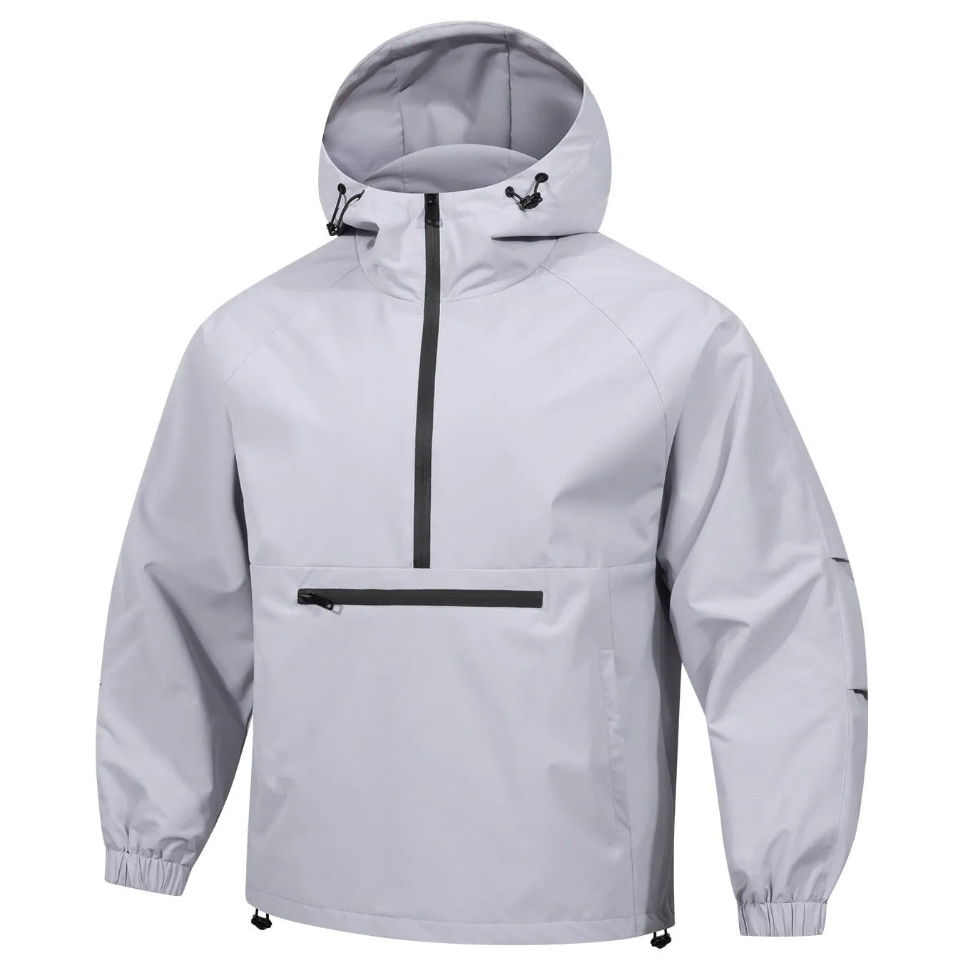 Men's light gray corduroy half-zip hooded sweater jacket showing Korean-style loose fit and rabbit fur composition