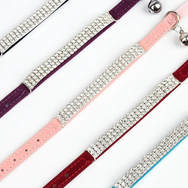 Rhinestone suede cat collar in multiple colours with adjustable 20-30cm length