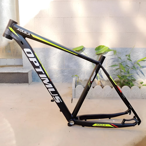 Black Green 29-inch aluminium mountain bike frame with internal cable routing and disc brake mount.