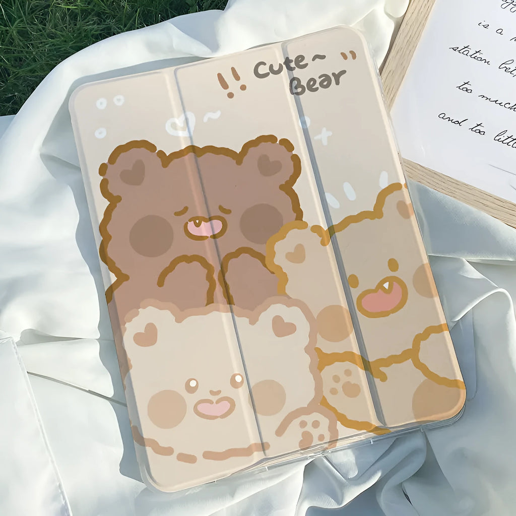 Silicone iPad case with cartoon rabbit pattern folded into viewing stand position