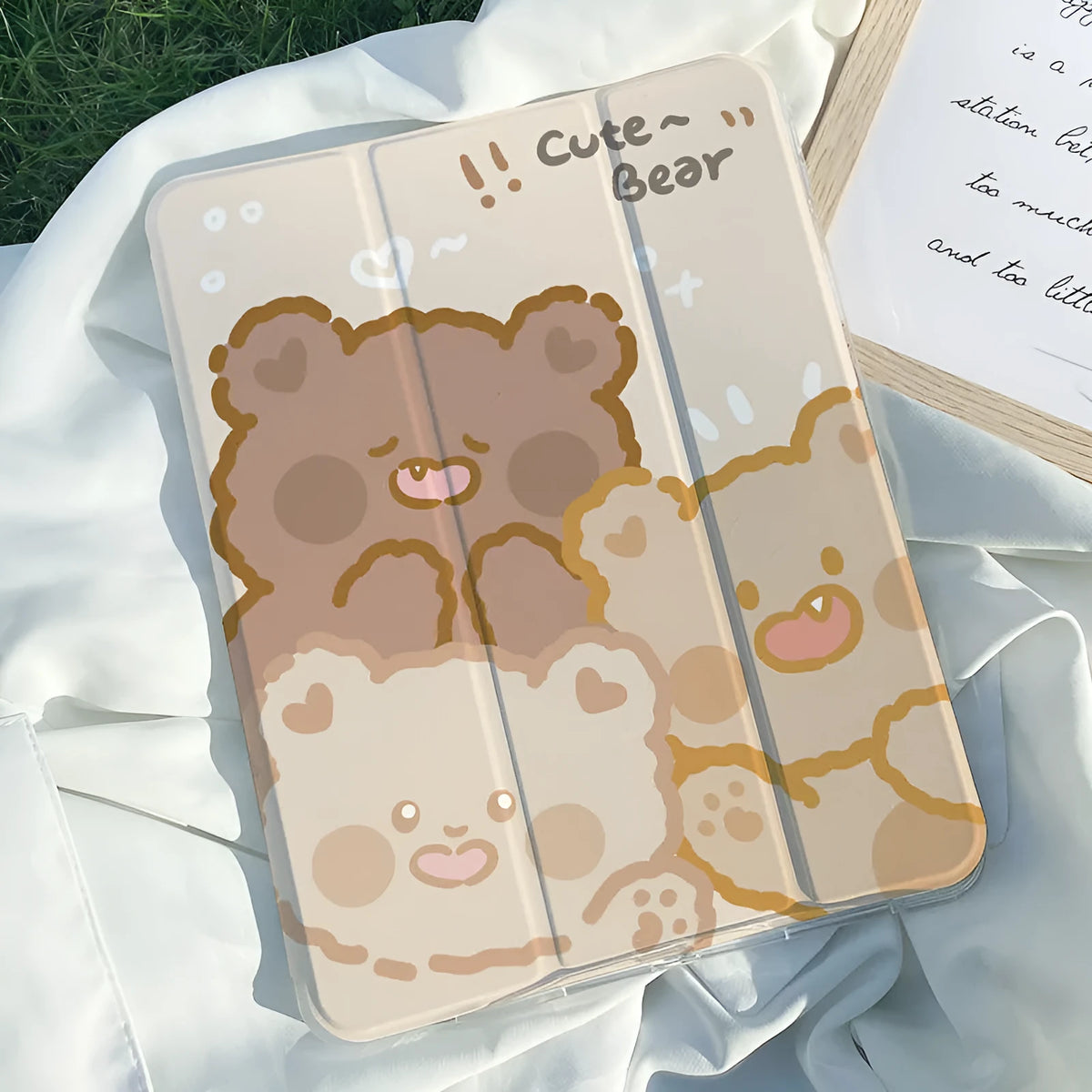 Silicone iPad case with cartoon rabbit pattern folded into viewing stand position