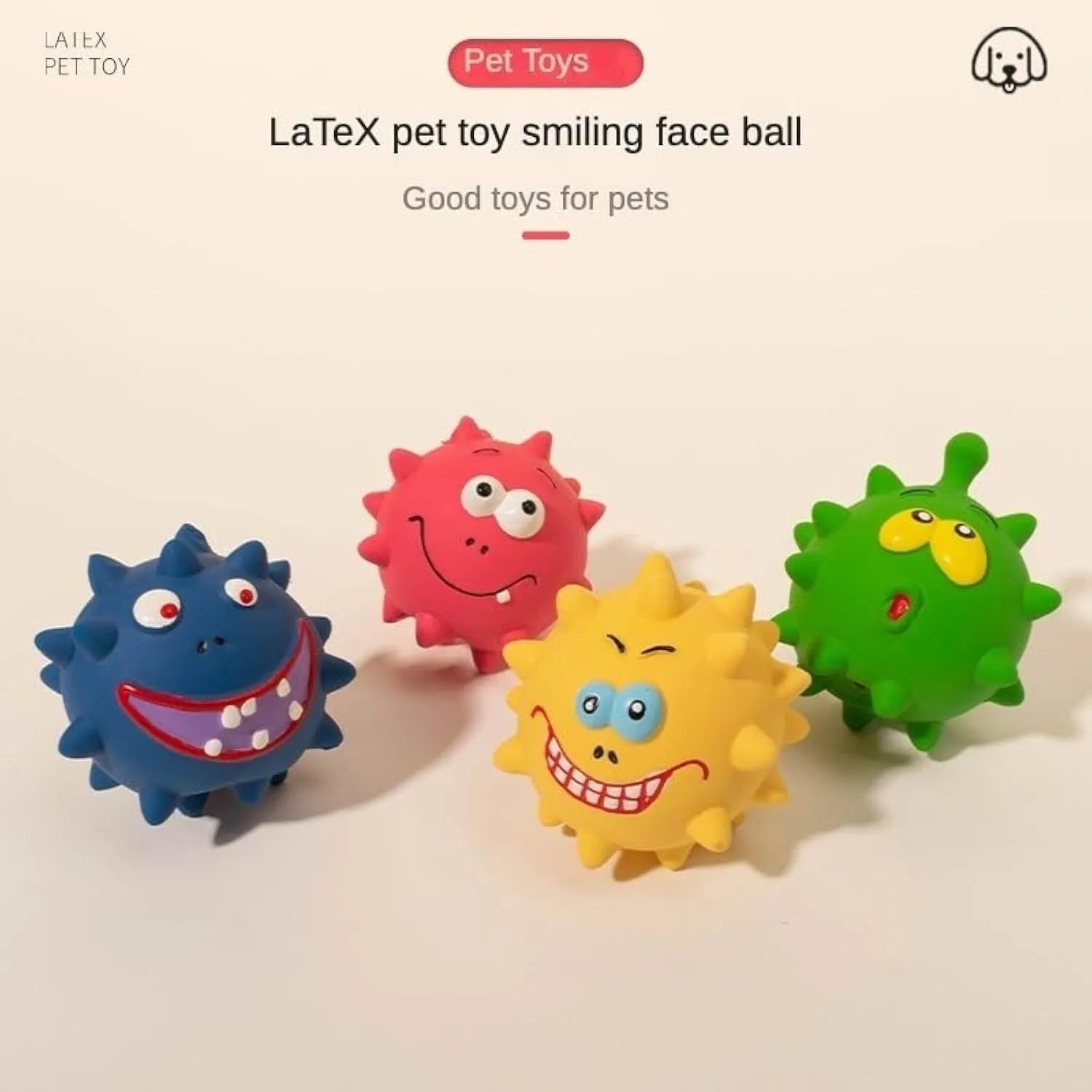 Four colourful latex squeaky dog toy balls with cute animal faces and textured surfaces