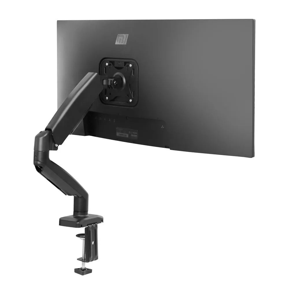 Black rotating telescopic LCD screen bracket with metal and aluminium construction on table