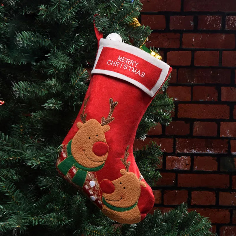 Non-woven fabric Christmas stocking decoration in American folk style with elk, old man or snowman design.