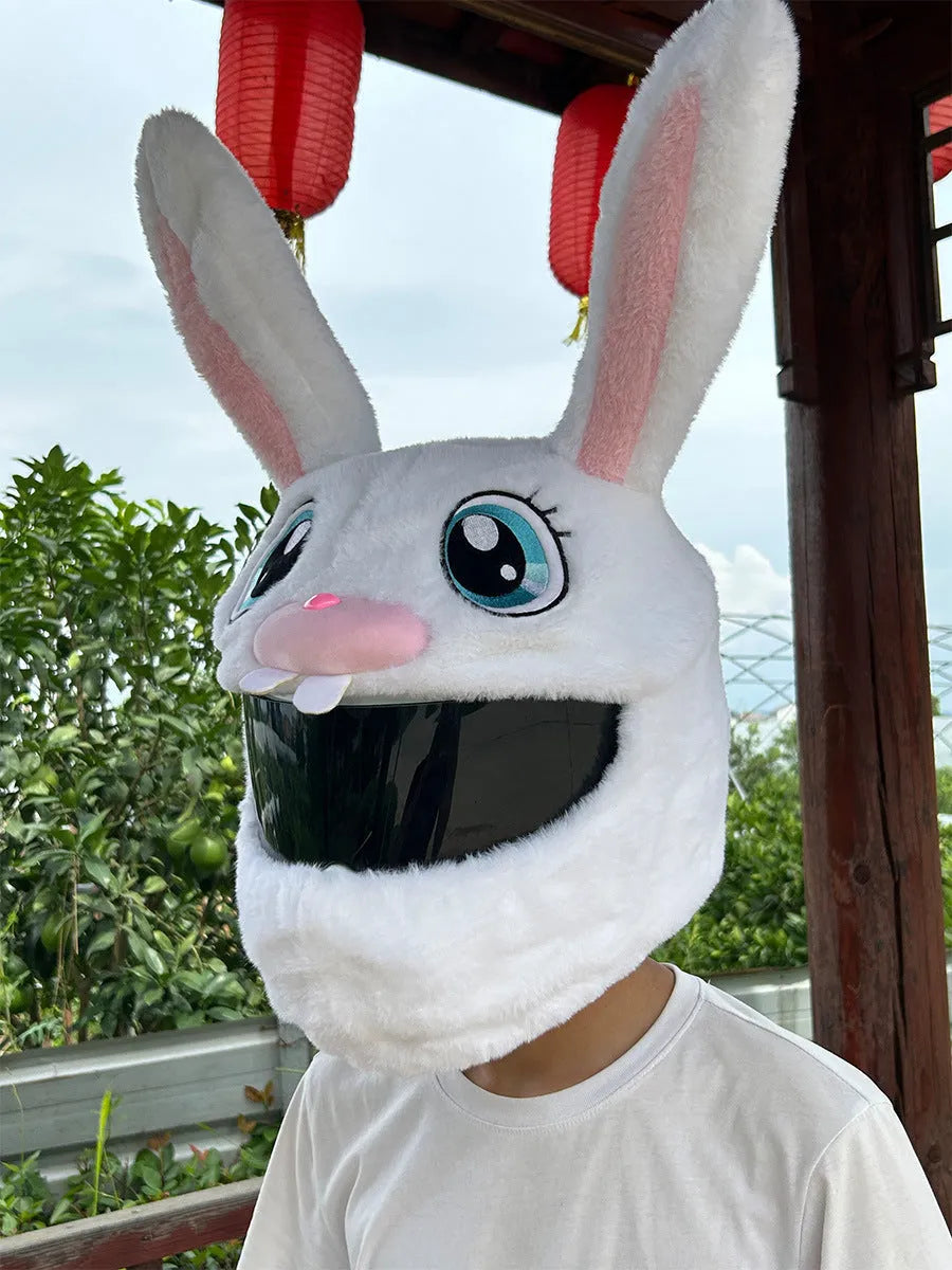White decorative rabbit head helmet cover for electric scooter and motorcycle helmets