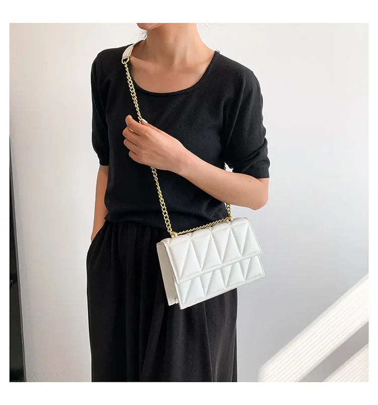 Small square PU crossbody bag with chain strap, 22cm wide, in white black green rose red or orange