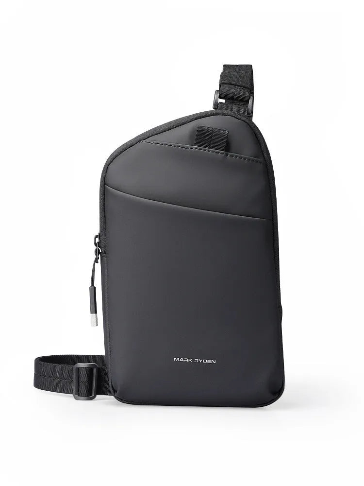 Men's elegant black crossbody bag made from Oxford cloth with visible sewing thread detailing.