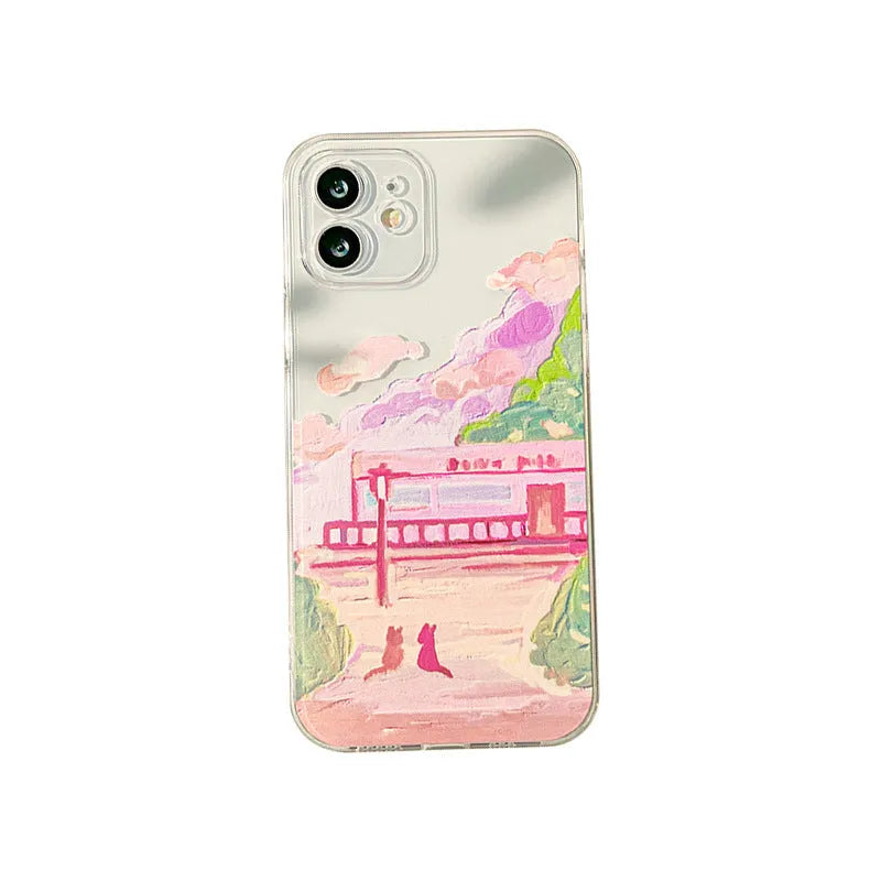 White silicone iPhone case with a colourful cartoon illustration of two cats on the back.