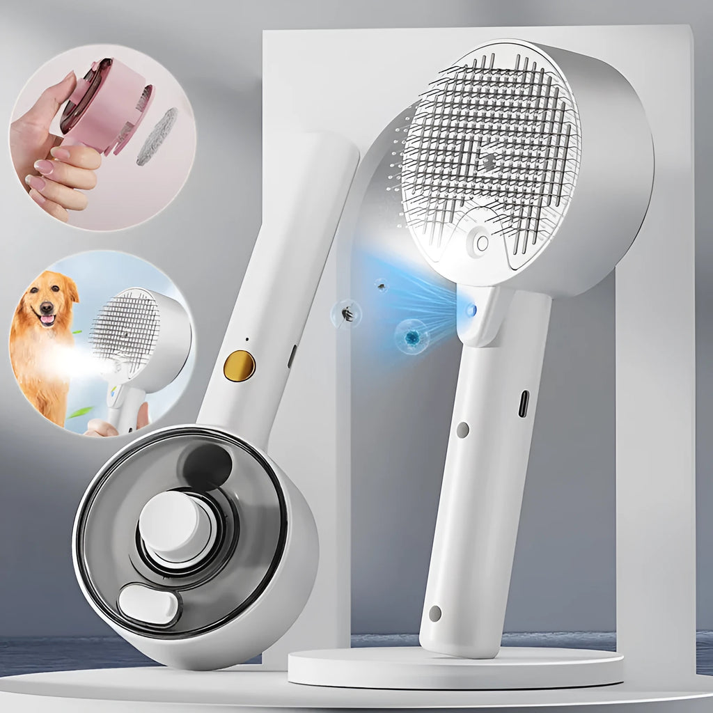 Ceramic white pet grooming brush with spray mist function and UV sterilisation light