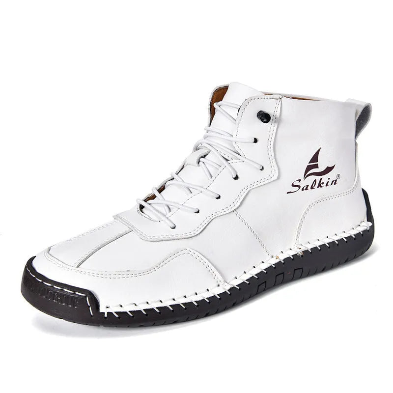Men's high-top retro ankle boots in beige with elastic band closure and sewing line details