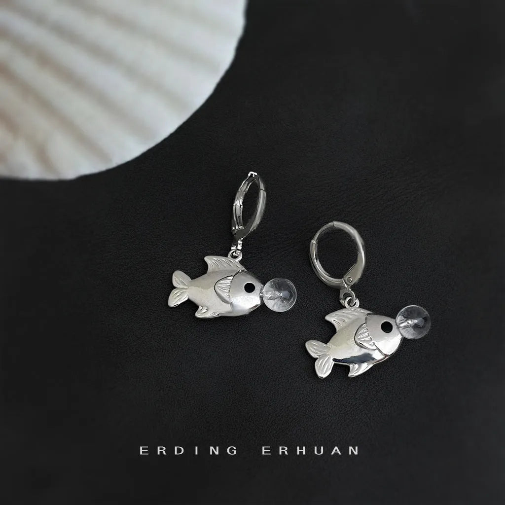 Women's copper bubble fish earrings with electroplated goldfish design details