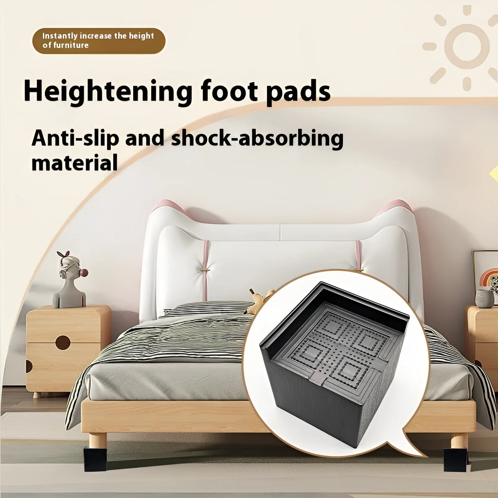 Four black plastic bed riser feet for increasing furniture height and creating storage space