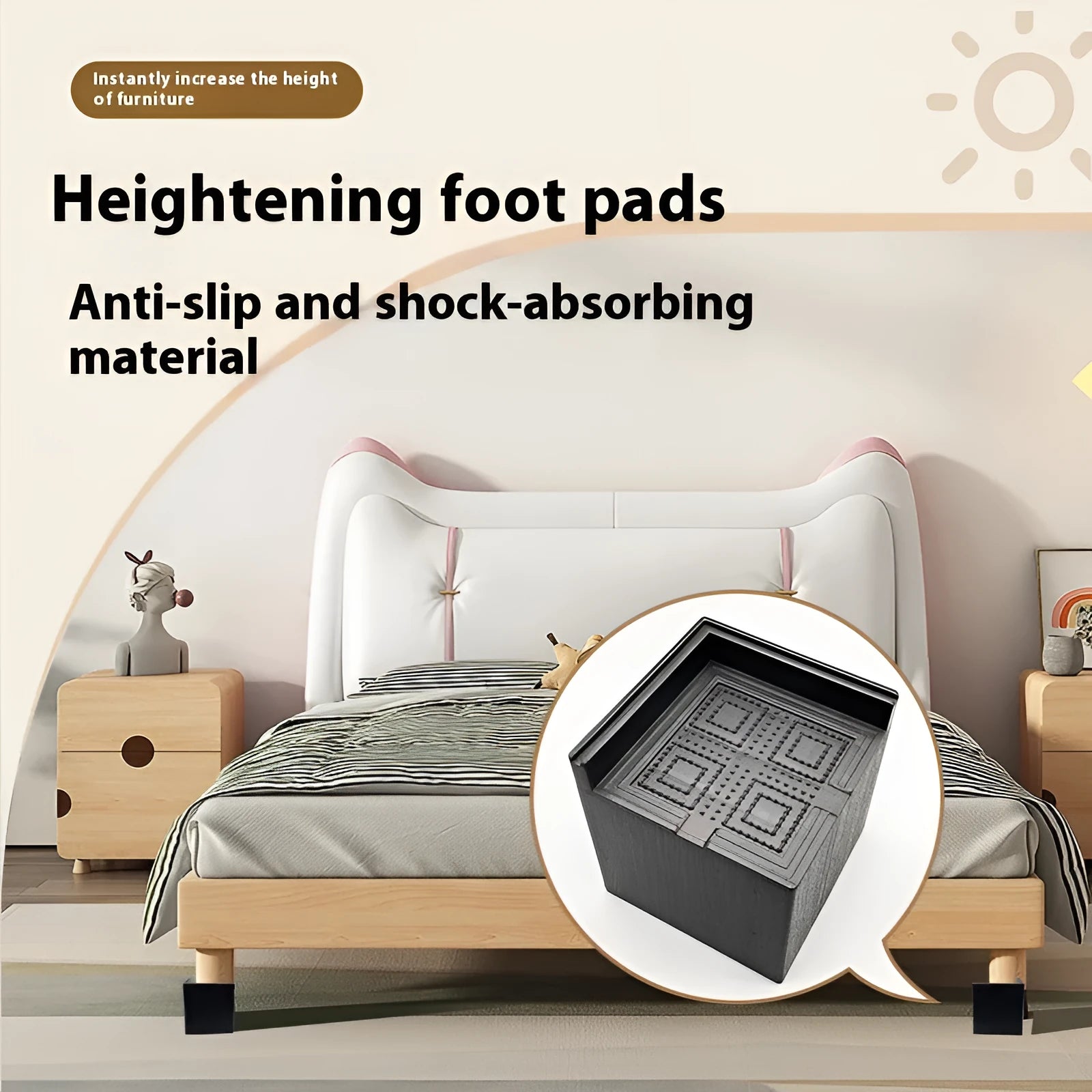 Four black plastic bed riser feet for increasing furniture height and creating storage space