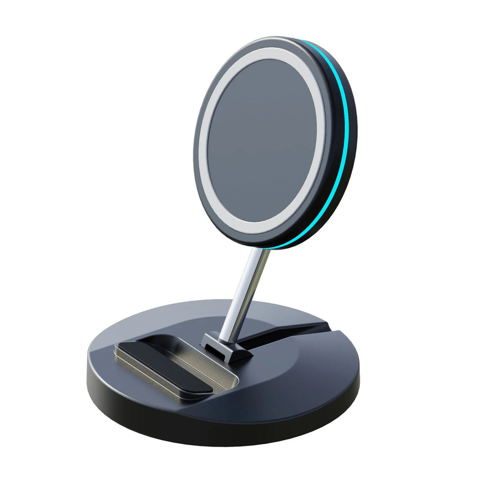 Magnetic 3-in-1 folding wireless charging stand compatible with iPhone 12 showing compact folded position