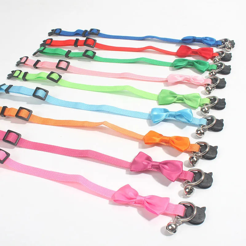 Adjustable cat bow collar with bell in striped nylon, multiple colour options shown