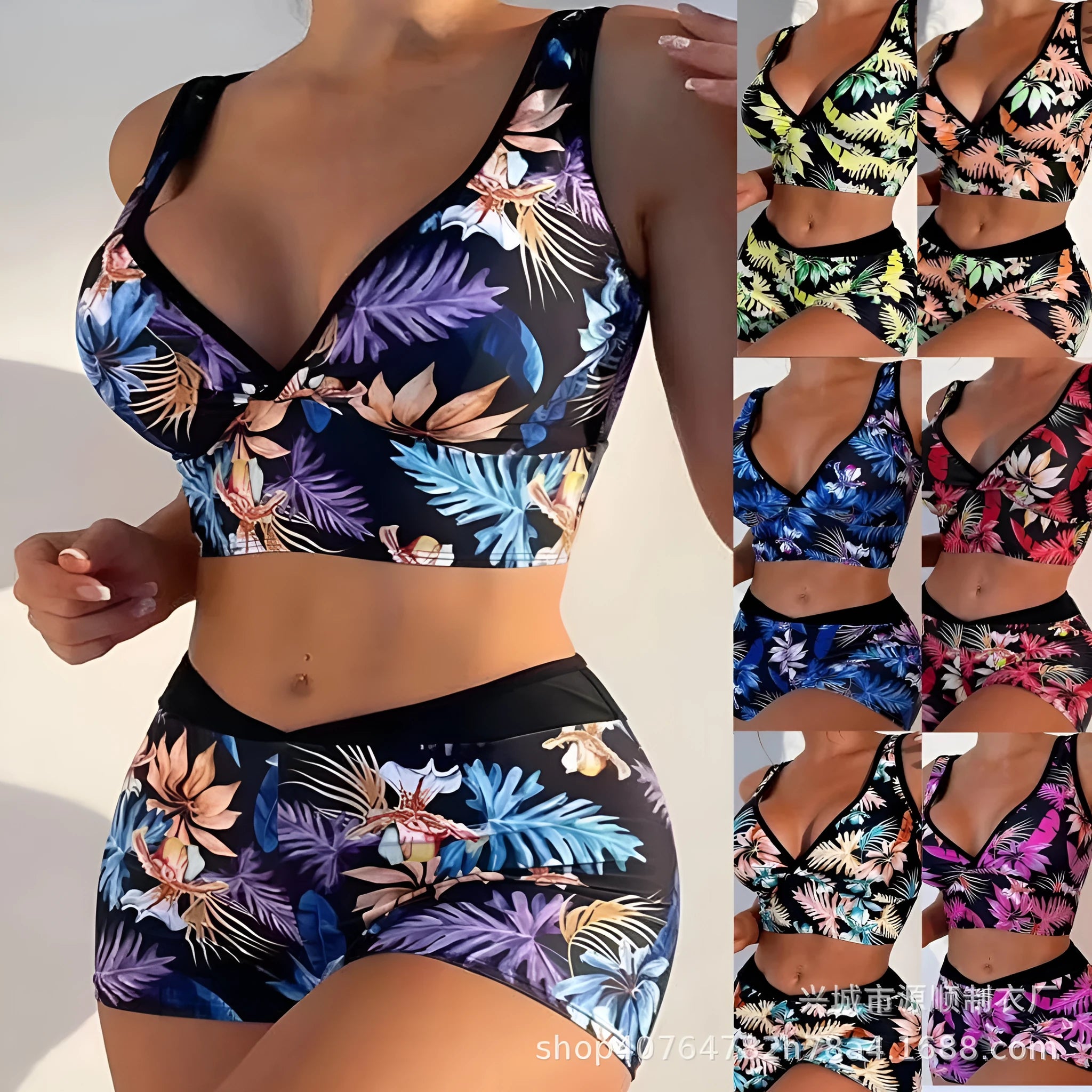 Women's two-piece printed boxer swimsuit set in a colourful style, showing sleeveless top and briefs.