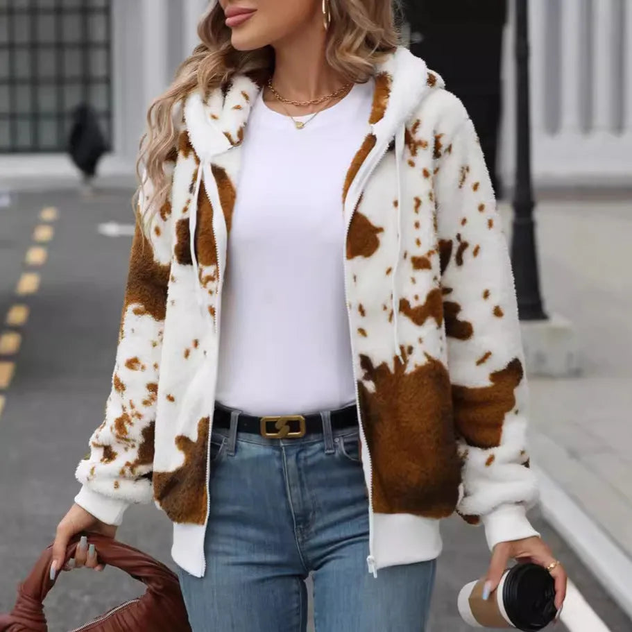 Yellow brown cow print hooded cardigan jacket with full front zipper.