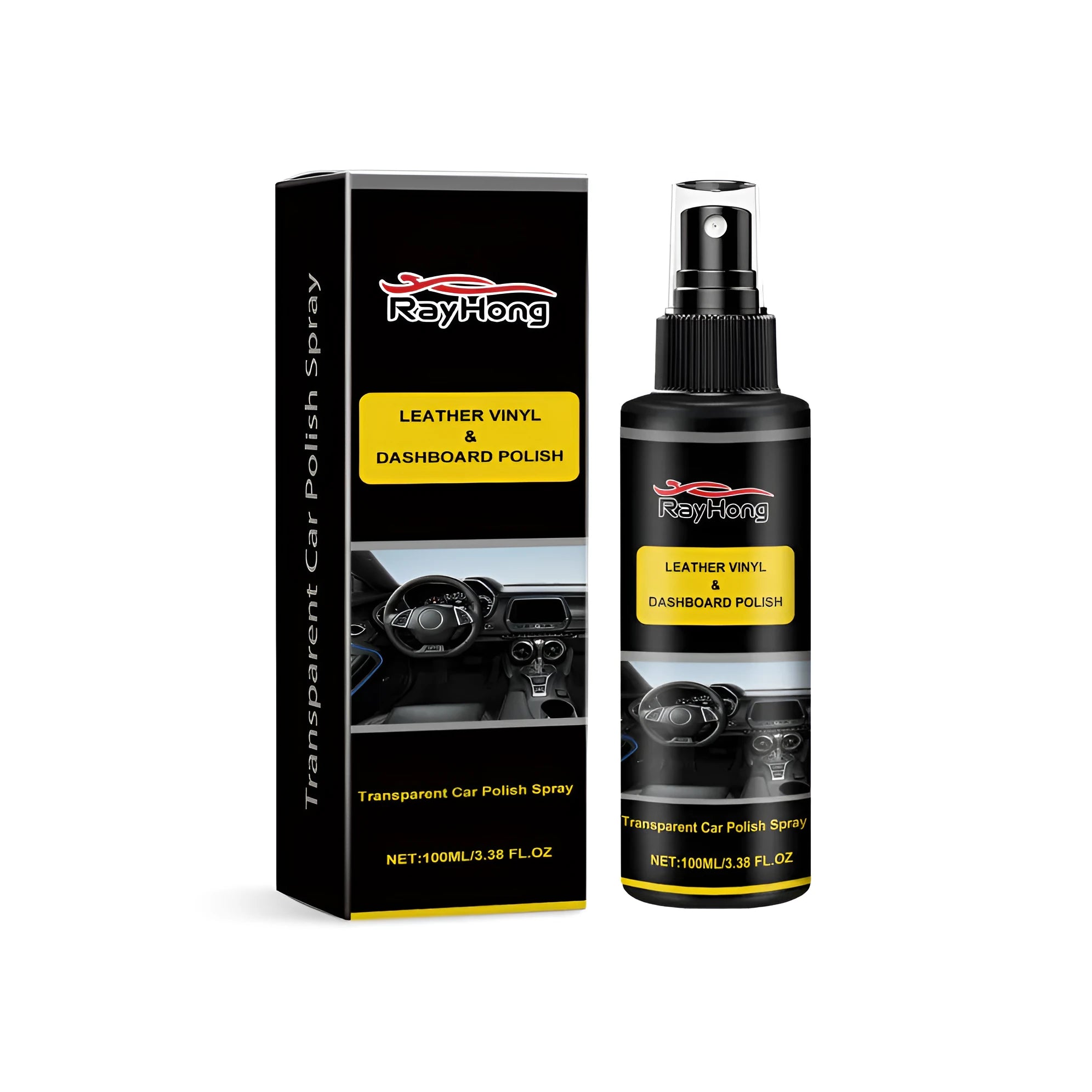 Bottle of car paint polishing spray with box packaging.
